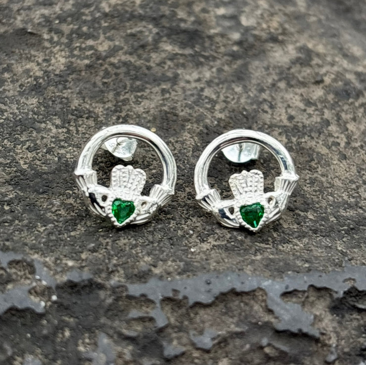 Sterling Silver Large Claddagh studs (Green)