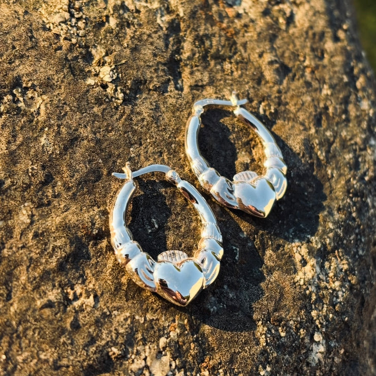Sterling Silver Claddagh Hoops (medium size)