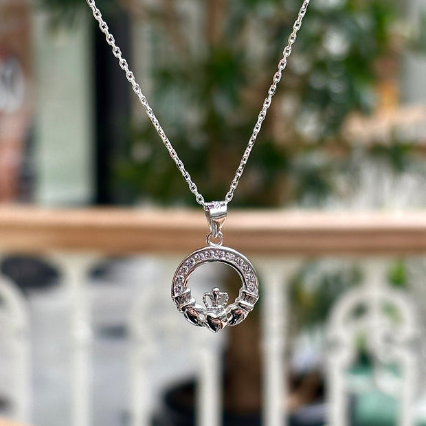 Sterling silver claddagh with cubic zirconia necklace