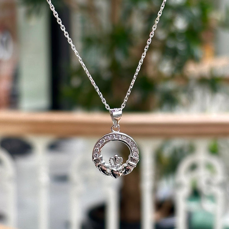 Sterling silver claddagh with cubic zirconia necklace
