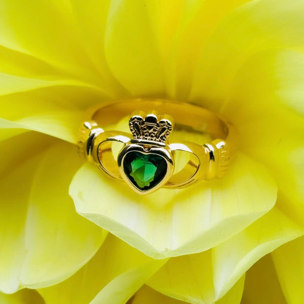 18kt Gold plated Claddagh Ring with Green Stone