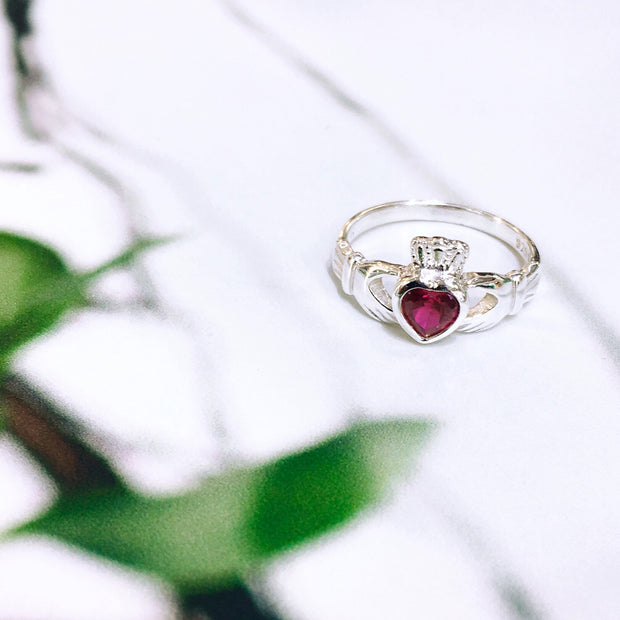 Sterling Silver Ruby Zirconia Claddagh Ring