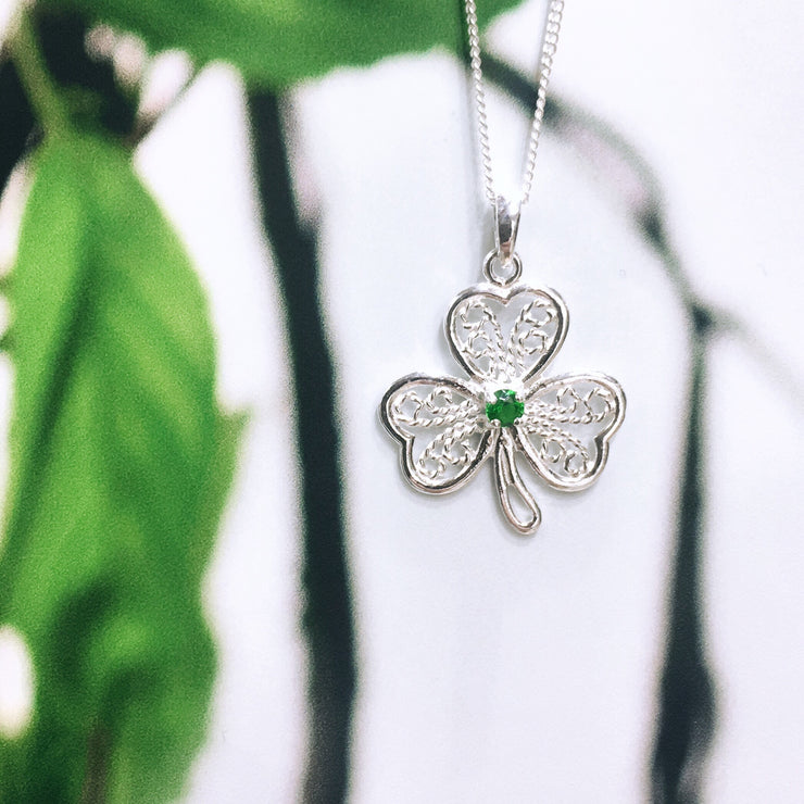 Sterling Silver Detailed Zirconia Shamrock Pendant