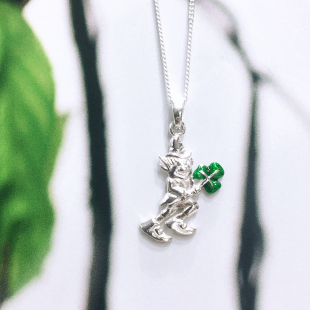 Sterling Silver Leprechaun with a Green Enamel Shamrock