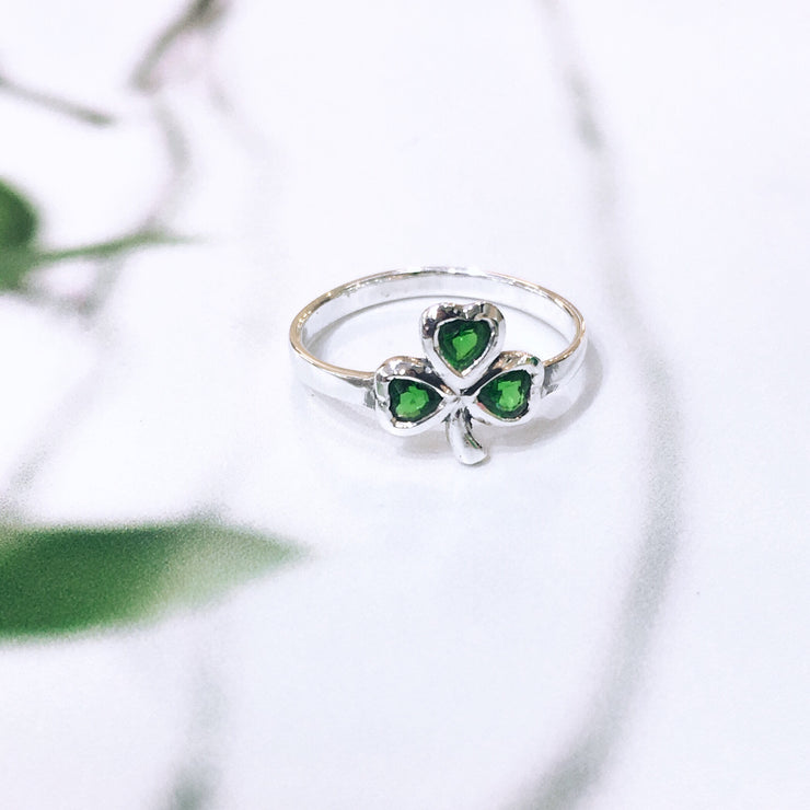 Green CZ Shamrock Ring - Sterling Silver