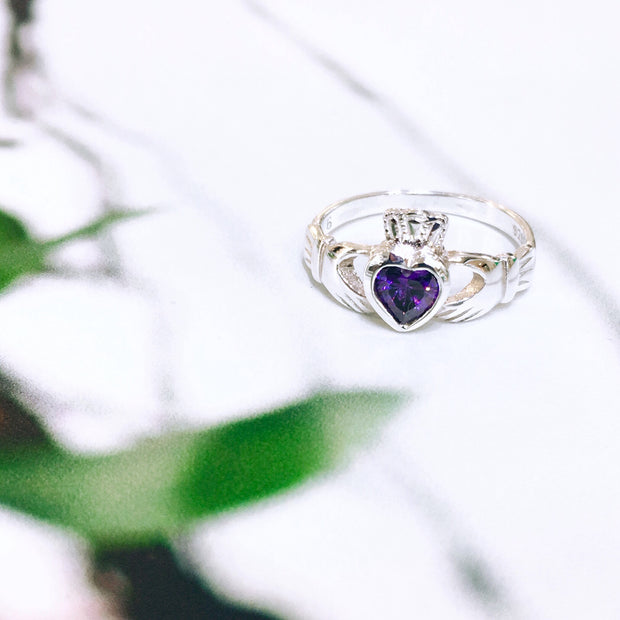 Sterling Silver Amethyst Zirconia Claddagh Ring