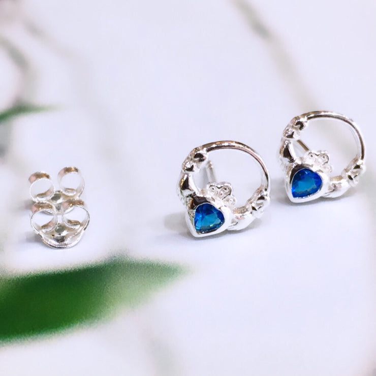 December (Blue Topaz Zircon) Birthstone Claddagh Studs