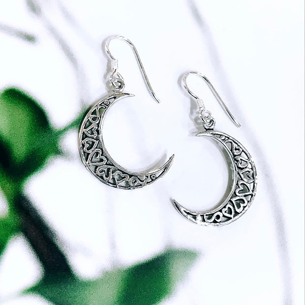 Sterling Silver Moon Earrings with Hearts