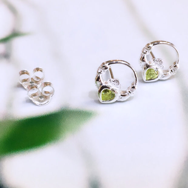 August (Peridot Zircon) Birthstone Claddagh Studs